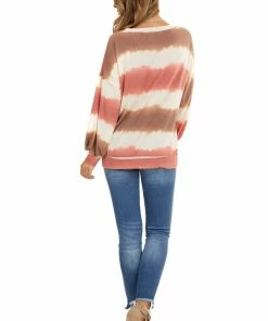 Lime 'N' Chili Sienna And Coral Tie Dye Round Neckline Long Sleeve Top Tops