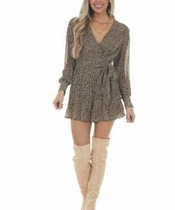 She + Sky Dresses Walnut Leopard Drop Waist Romper With Wrap Tie