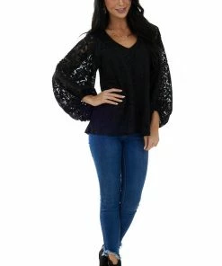 Vine & Love Tops Black Floral Lace Long Bubble Sleeve Blouse