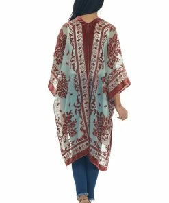 ANGIE Teal Floral Textured Velvet Chiffon Kimono Tops