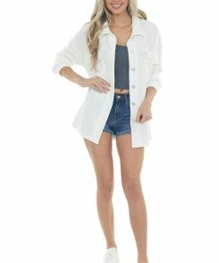 Entro Off White Button Up Long Sleeve Shacket Tops