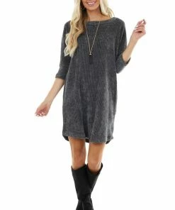 First Love Charcoal Chenille Knit Sweater Dress With 3/4 Dolman Sleeves