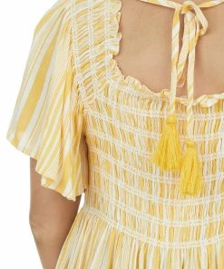 Jodifl Marigold Striped Smocked Bodice Peplum Blouse Tops