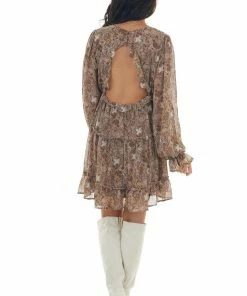 She + Sky Dresses Light Sepia Floral Mini Dress With Open Back