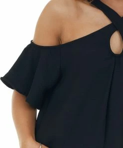 143 Story Black Cold Shoulder Blouse With Criss Cross Halter Neck 16 143 Story Black Cold Shoulder Blouse With Criss Cross Halter Neck