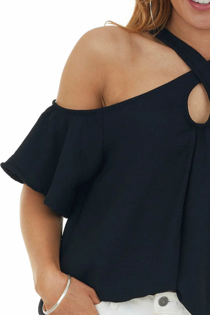 143 Story Black Cold Shoulder Blouse With Criss Cross Halter Neck 9 143 Story Black Cold Shoulder Blouse With Criss Cross Halter Neck
