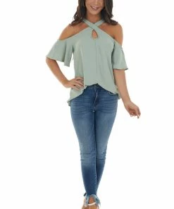 143 Story Sage Cold Shoulder Blouse With Criss Cross Halter Neck