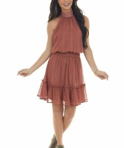 Sweet Lemon Ginger Halter Blouson Rose Gold Thread Dress Dresses