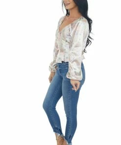 Peach Love Dusty Peach Satin Floral Surplice Peplum Top 27 Peach Love Dusty Peach Satin Floral Surplice Peplum Top