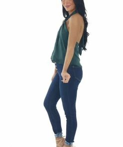 LE LIS Tops Forest Green Floral Textured Halter Neck Top