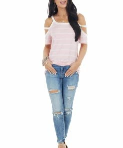 7th Ray Baby Pink And Ivory Striped Strappy Cold Shoulder Top Tops