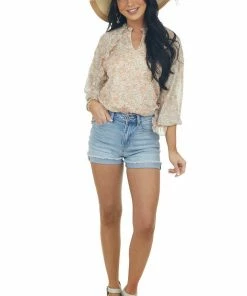 Entro Peach Floral Print Long Raglan Sleeve Blouse Tops