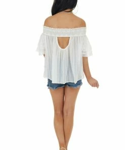HYFVE Pearl And Beige Smocked Neckline Off The Shoulder Blouse