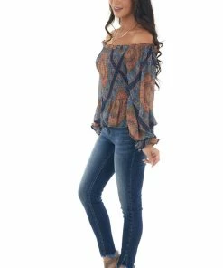 Flying Tomato Tops Navy Blue And Straw Abstract Print Smocked Top