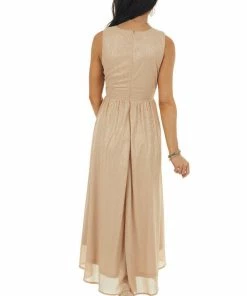 Entro Champagne Glitter Sleeveless Midi Woven Dress With Cut Out