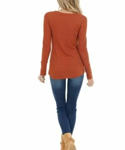 Ces Femme Rust Long Sleeve Ribbed Knit Top With Button Detail