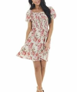 Hayden Dresses Dark Cream Floral Print Mini Dress With Smocked Bodice