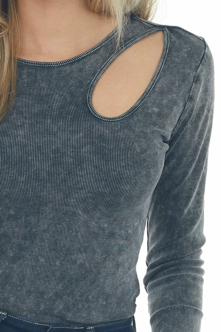 LE LIS Tops Charcoal Stone Washed Front Cutout Bodysuit 18 LE LIS Tops Charcoal Stone Washed Front Cutout Bodysuit