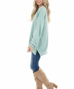 Blue Buttercup Sage Sweatshirt With Kangaroo Pocket And Side Slits Tops
