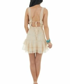 Davi & Dani Latte Textured Stripe Surplice Dress With Ruffle Details Dresses