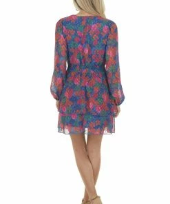 Peach Love Dresses Navy Abstract Floral Swiss Dot Surplice Dress