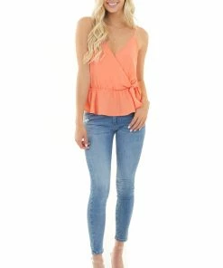 She + Sky Bright Coral Peplum Tank Top With Surplice Neckline And Tie Tops