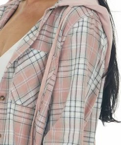 143 Story Dusty Blush Plaid Button Up Hoodie Shacket