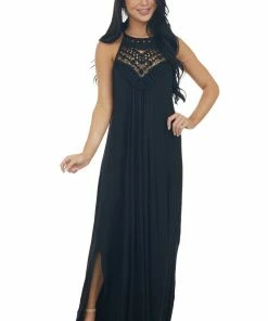 CY Fashion Dresses Midnight Black Sleeveless Maxi Dress With Front Lace Detail