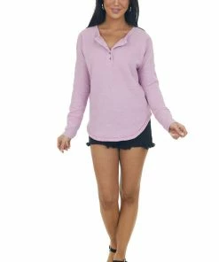 143 Story Orchid Thermal Knit Henley Long Sleeve Top
