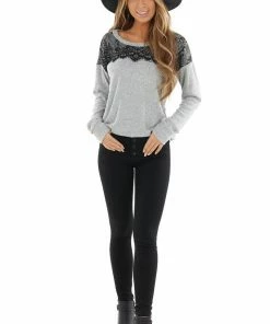 Lime Lush Tops Heathered Grey Long Sleeve Knit Top With Black Lace Details