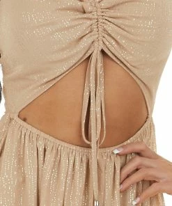 Entro Champagne Glitter Sleeveless Midi Woven Dress With Cut Out