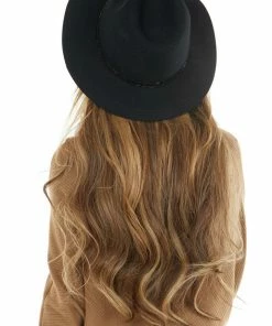 Olive & Pique Accessories Black Wool Felt Panama Hat With Beaded Trim Detail