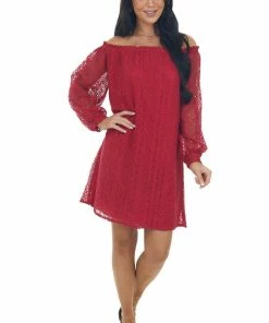SugarFox Crimson Off The Shoulder Lace Short Dress