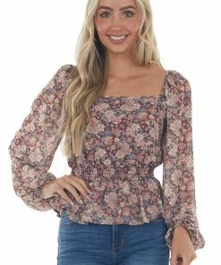 Peach Love Cinnamon Floral Square Neck Smocked Peplum Top Tops