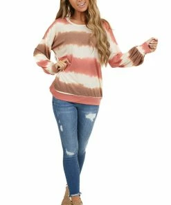 Lime 'N' Chili Sienna And Coral Tie Dye Round Neckline Long Sleeve Top Tops