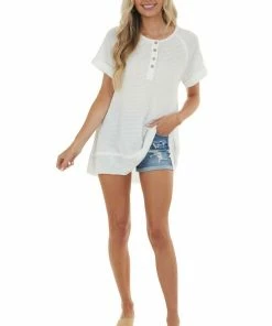 Jodifl Pearl Short Sleeve Henley Waffle Knit Top