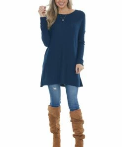 ZENANA Navy Blue Tunic Length Brushed Waffle Knit Top Tops