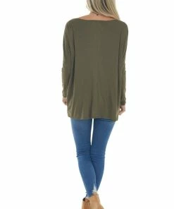 FSL APPAREL Tops Olive Long Sleeve Stretchy Knit Top With Boat Neckline
