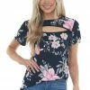HEIMISH Black Floral Print Knit Top With Chest Cut Out Tops