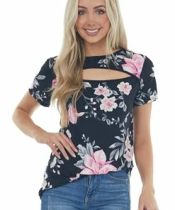 HEIMISH Black Floral Print Knit Top With Chest Cut Out Tops