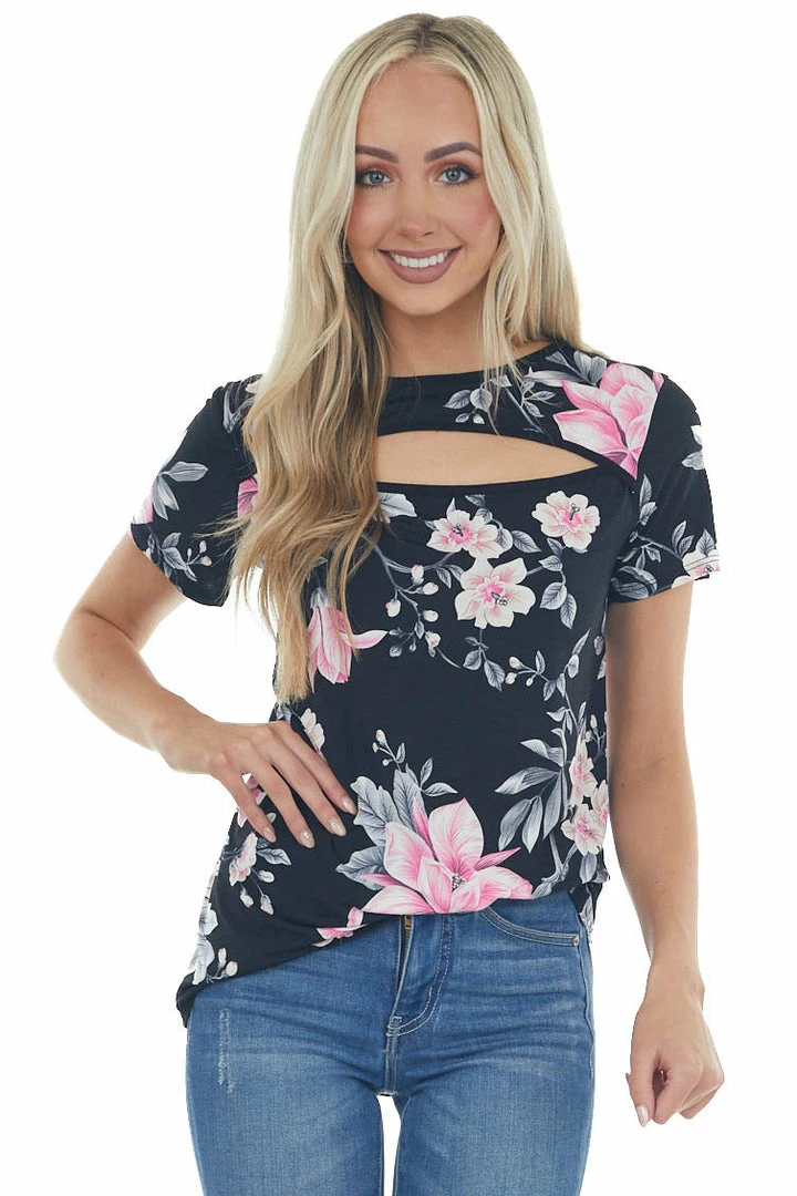 HEIMISH Black Floral Print Knit Top With Chest Cut Out Tops 3 HEIMISH Black Floral Print Knit Top With Chest Cut Out Tops