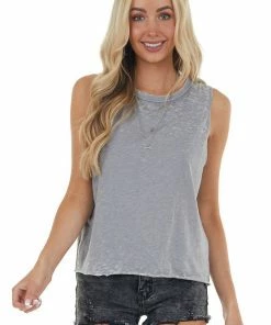 Peach Love Heathered Stone Stretchy Knit Tank Top With Raw Hemline