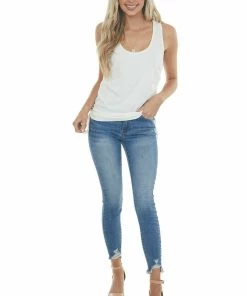 143 Story Ivory Ribbed Sleeveless Top With Ruched Side Detail