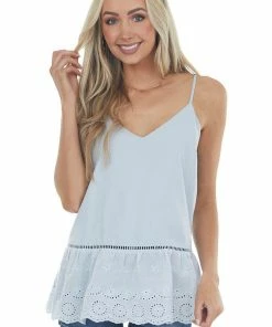 Davi & Dani Pastel Blue Crochet Lace Eyelet Woven Tank Top Tops