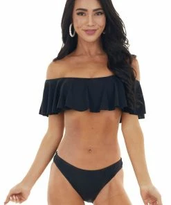 Envya Black Bandeau Style Bikini With Ruffled Overlay Details 24 Envya Black Bandeau Style Bikini With Ruffled Overlay Details