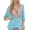 Umgee Dresses Aqua Floral Print Mini Dress With Overlay Detail