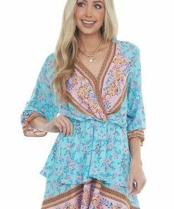 Umgee Dresses Aqua Floral Print Mini Dress With Overlay Detail