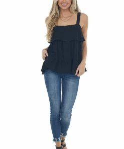 Entro Black Woven Tank Top With Ruffle Details Tops