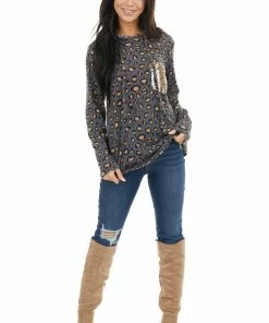 HEIMISH Tops Charcoal Leopard Print Top With Sequin Pocket Detail