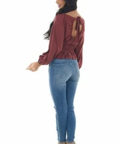 She + Sky Marsala Open Back Smocked Peplum Silky Blouse